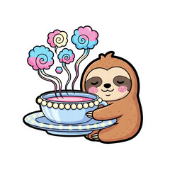 Fototapeta premium Cute sloth enjoying a magical tea cup