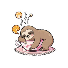 Fototapeta premium Sleepy sloth cuddled inside teacup