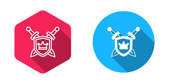 Filled and outline Medieval shield with crossed swords icon isolated with long shadow background. Vector