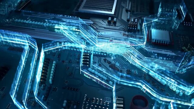 Illuminated Pathways Linking Components. Radiant Circuitry Connecting Chips And Connectors