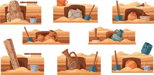 Fototapeta premium Archaeological excavation scenes flat vector illustration ancient artifacts discovery with tools pottery statues and dig sites historical exploration set
