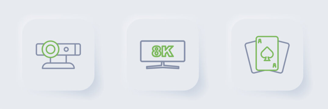 Set line Playing cards, Computer monitor and Web camera icon. Vector