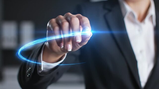 光の軌跡を描くビジネスパーソンの手元とデジタル操作