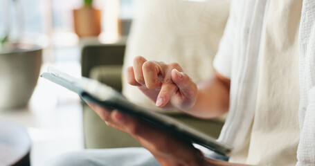 Scroll, online and hands with tablet in lounge, remote work and editing videos for social media...