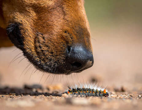 un perro oliendo la oruga procesionaria sobre suelo natural con peligro picadura de sus pelos urticantes para campa&ntilde;as de prevenci&oacute;n y concienciaci&oacute;n en la seguridad y salud animal