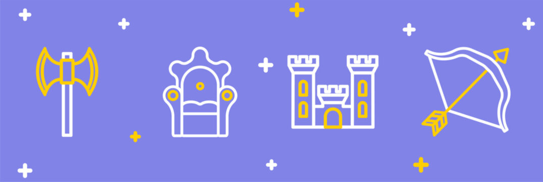 Set line Medieval bow and arrow, Castle, throne and poleaxe icon. Vector