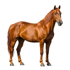 Obraz premium A beautiful brown stallion stands isolated on a clean white background as a majestic example of an equine mammal