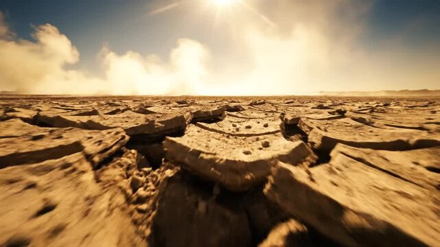 Wide angle ground level view of deep cracks in parched dry soil during a severe drought with intense bright sunlight, solar flare, and dust haze in the background farmland.