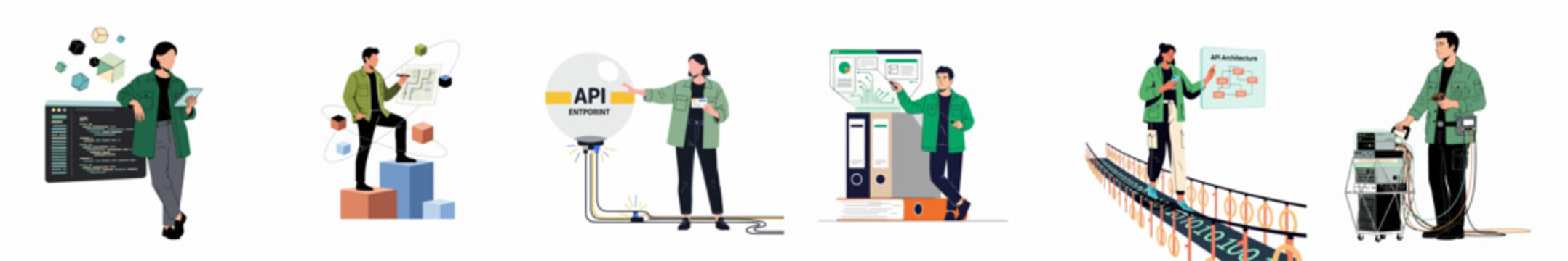 Collection of illustrations showing various aspects of API development, integration, architecture, and server management by professional developers in a modern flat style.
