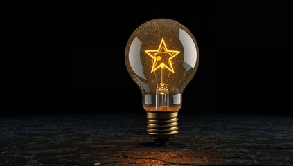Star shaped light bulb shining brightly on dark surface
