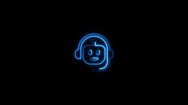 Neon glowing robot head icon with headset, customer support concept, artificial intelligence assistant, digital technology symbol