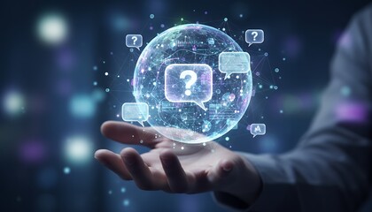 Fototapeta premium Hand holding a glowing sphere with question marks and speech bubbles, representing inquiry and communication in a digital age.