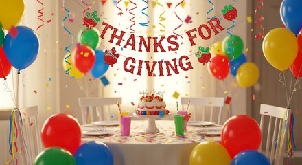 A festive Thanksgiving celebration with colorful balloons and a cake on a table
