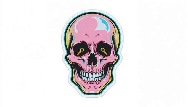 Vibrant neon 1990s new school skull tattoo sticker with exaggerated features and retro pop art colors