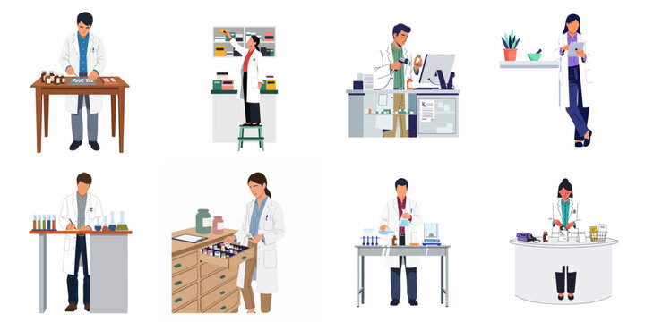 Collection of pharmacists and scientists performing various tasks in pharmacies and laboratories, including dispensing medication and conducting research in a flat vector style.