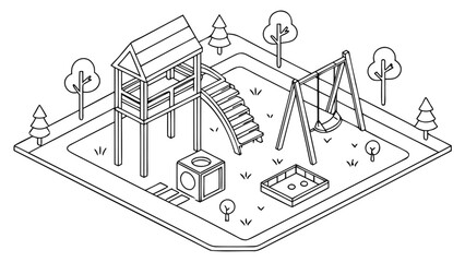 Fototapeta premium Isometric Playground Line Art Park Equipment Vector Illustration