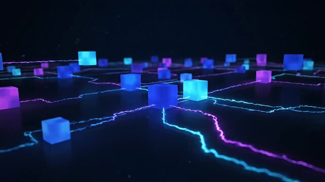 Abstract network of glowing cubes connected by luminous lines in a dark digital space.