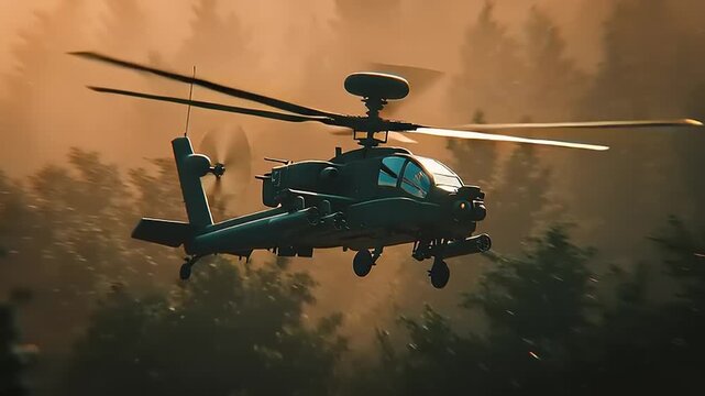Apache helicopter lands on mountain ridge helipad surrounded by trees