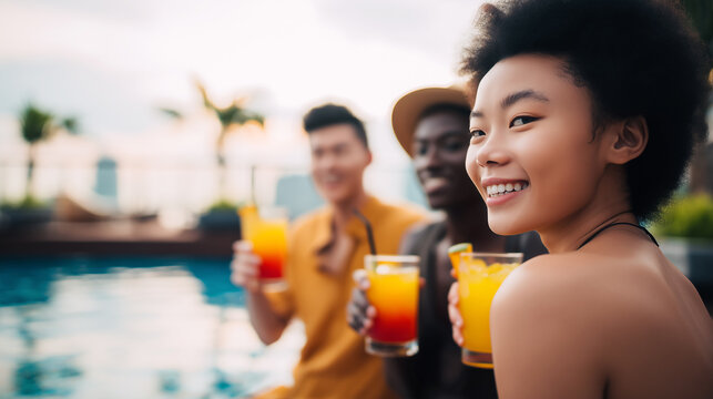 Diverse friends holding cocktail juice pool party summer, smiling asian black man woman, tropical rooftop vacation lifestyle celebration social outdoor bokeh.