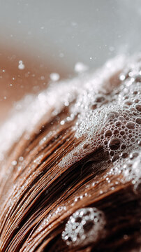 Macro of shampoo foam bubbles and sparkling water droplets covering wet brown hair strands during shower washing, bokeh highlights rich cleansing lather texture in daily haircare routine.