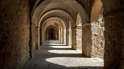Fototapeta premium Ancient stone arched corridor interior architecture.