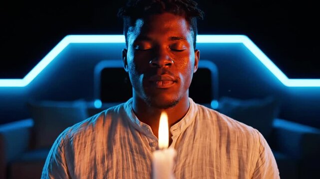 A man stands serenely with eyes closed, holding a lit candle, surrounded by a futuristic ambiance with blue neon lights