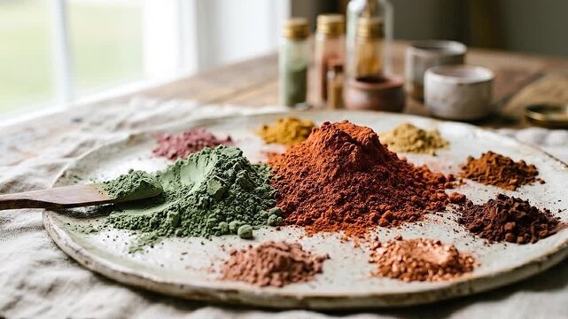 Waterless beauty clay powder and natural pigment mounds ceramic plate with green pigment powders arranged earthy piles creating organic spa inspired