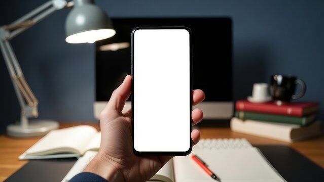Person holding blank smartphone screen in home office with warm lighting and books