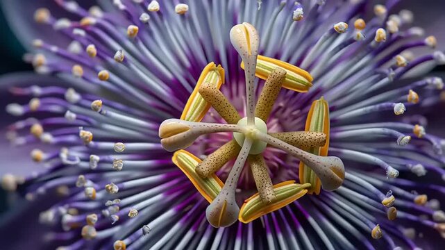 Ultra close-up view of the intricate inside of a passionflower showcasing its purple and yellow stamens and stigma