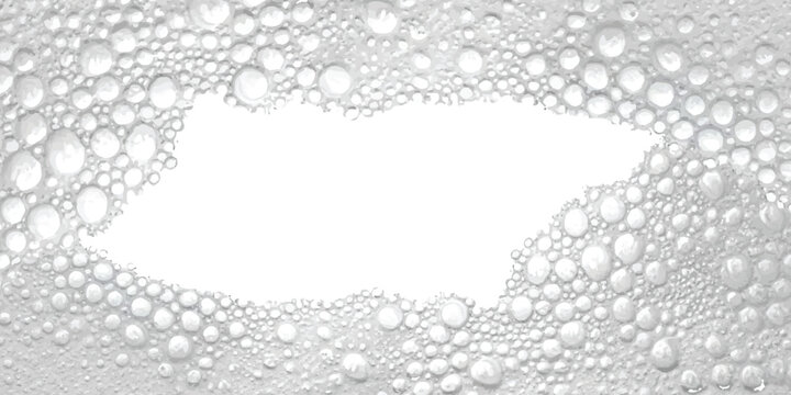 A high angle close up view of white soap bubbles forming a frame around a central white background