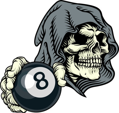 A grim reaper or death skeleton sports team or Halloween event mascot holding an eight ball pool billiards ball