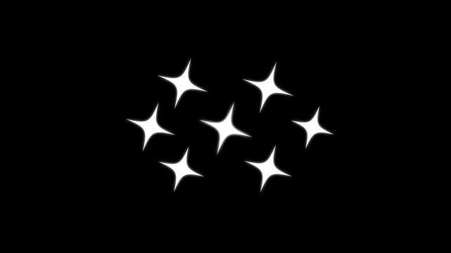 Twinkle  star sparkle animation, glowing white cartoon stars, retro, doodle, vector, glitter, festive shining effects, astronomy, comet, galaxy, star on black background seamless loop video.4K