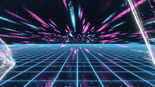 Abstract digital grid with glowing binary code streams and geometric shapes
