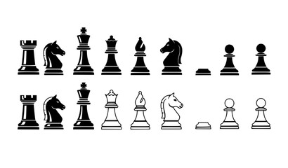 Black and White Chess Piece Icons Set in Clean Minimal Silhouette Vector Collection © Shukimon