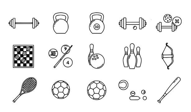 Sports Equipment Linear Icons Set with Barbell Bowling Billiards and Archery Vector Collection