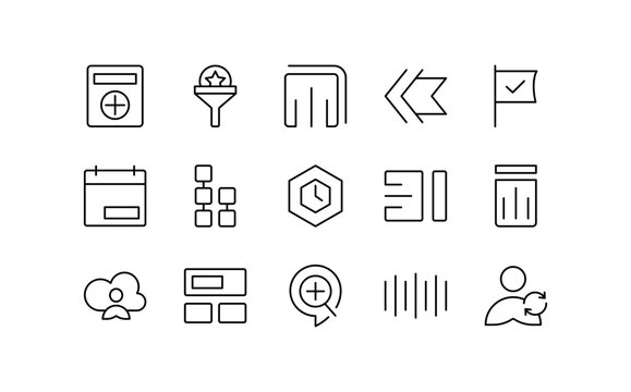 Modern UI Interface line icon set. Email, cloud storage, users, security, media, settings, files, weather, calendar, camera, location, user, notification, status line icons