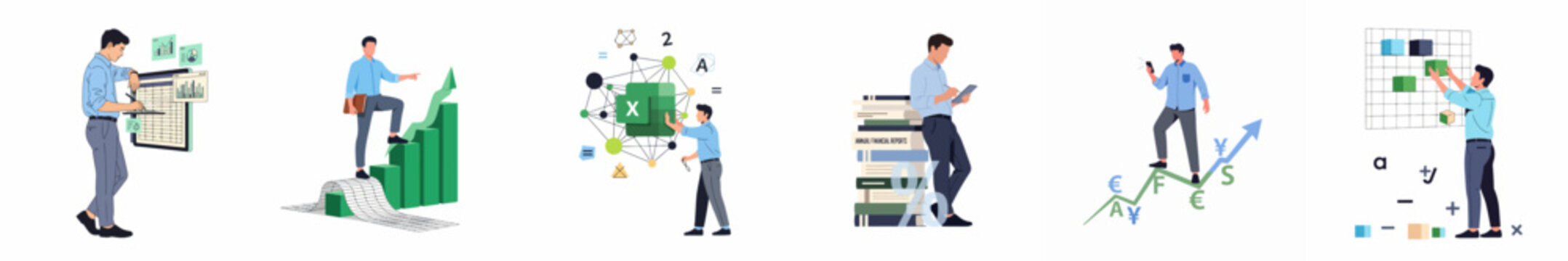 Collection of businessmen performing data analysis, financial reporting, and project management tasks illustrated in a modern flat vector style.