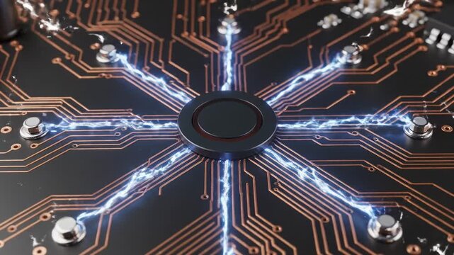 Circuit board with glowing red center and electric arcs radiating outward, showcasing intricate copper pathways and metallic components in a high-tech environment