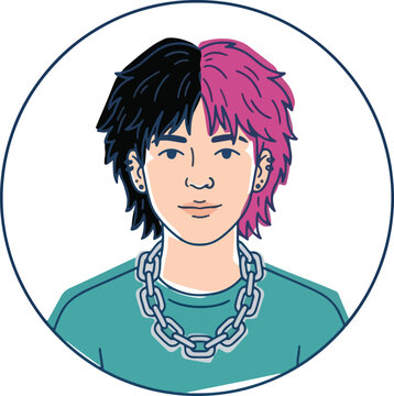 Hand-Drawn Line Art Alternative Youth Portrait, Hand Drawn Vector Portrait of a Gen Z Youth with Split Dyed Hair and Chain Necklace