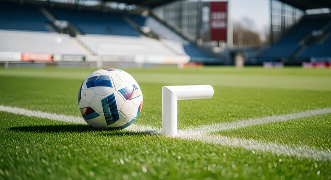Vibrant soccer ball resting on the lush green pitch at the corner kick marker within an empty, sunlit professional stadium, anticipating an exciting match