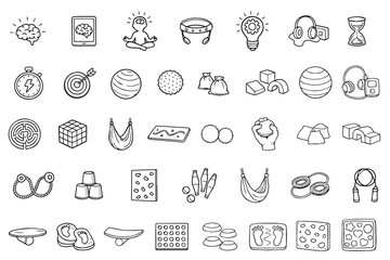 Fototapeta premium Linear icons of various neurofitness equipment in doodle style. Balance boards, sensory balls, fitballs, hammocks, soft modules, interhemispheric boards.