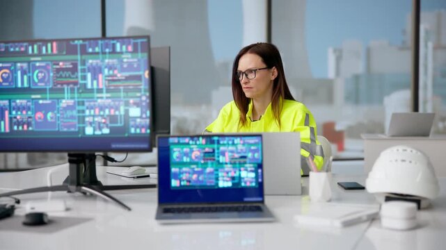 Young Female Engineer Checks SCADA System Software