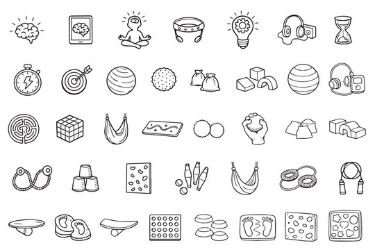 Linear icons of various neurofitness equipment in doodle style. Balance boards, sensory balls, fitballs, hammocks, soft modules, interhemispheric boards.