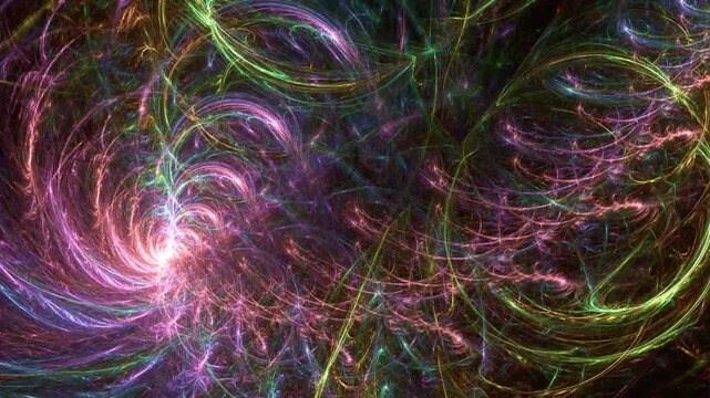 Vivid background transformations of abstract colorful structures on dark. Fractal luminous vibes, vibrations rotating, coruscating, trembling, forming muddled tanglement. 4K UHD 4096x2304