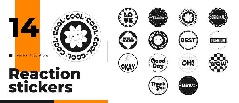 Y2K groovy round reactions black and white sticker pack illustration. Approval engagement. Wow love. Isolated label collection. Monochrome badges marketing. Promotional emblems. Advertising tags