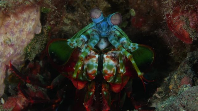 Macro underwater shot of a mantis shrimp watching from its hole. Detailed eye movement highlights one of the ocean&rsquo;s most fascinating animals. Tulamben, Bali, Indonesia.
