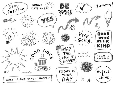 gray pen scratch doodle and short phrases collection for hand drawn notes, journaling and graphic design. Thin gray marker doodles and scribbles, hand drawn stickers, emphasis vector elements. 