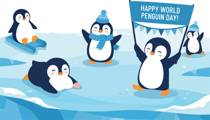 Happy World Penguin Day celebration with adorable cartoon penguins in a snowy arctic landscape © Chico Store