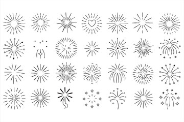 Obraz premium Abstract sunburst line icons with glowing rays for creative design and backgrounds
