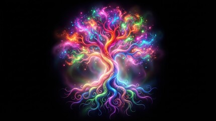 Obraz premium Luminous tree of life with rainbow glowing branches and swirling roots on black background
